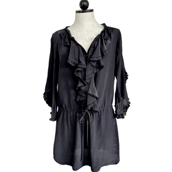 Rebecca Taylor 100% Silk Mini Dress Ruffle Front Tied Waist Tunic Size 0 XS - Picture 3 of 16
